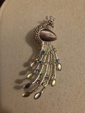 Silver Tone Peacock Brooch with Purple Cat's Eye Stone and Multicolor Rhinestone